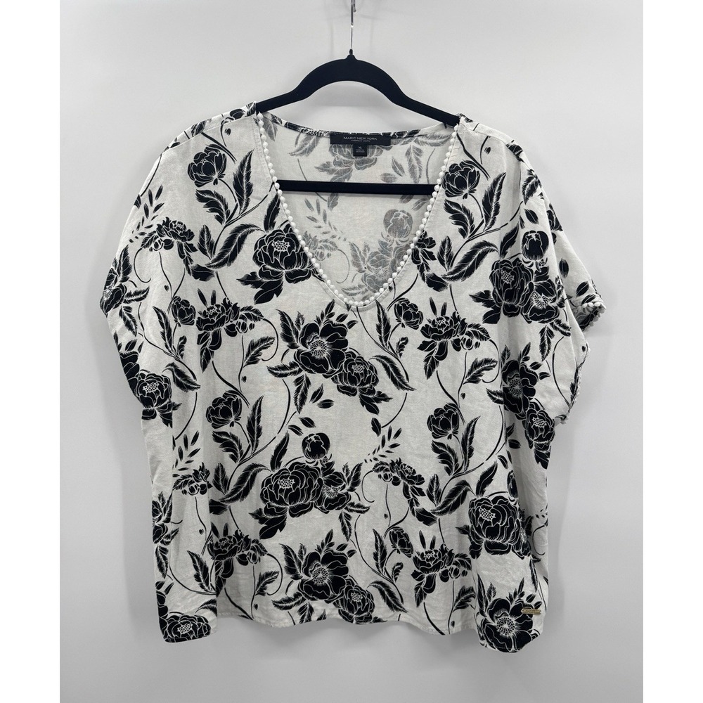 Andrew Marc New York Linen Black White Floral Top XL Boxy V-Neck Cottage Beach